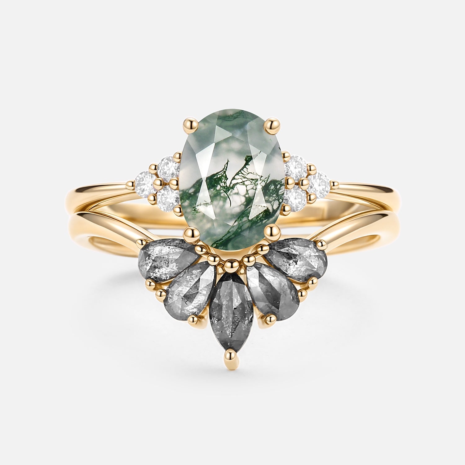 Terra Oval Cut Moss Agate & Salt and Pepper Diamond Ring Set 2pcs