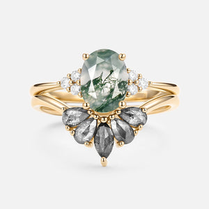 Terra Oval Cut Moss Agate & Salt and Pepper Diamond Ring Set 2pcs