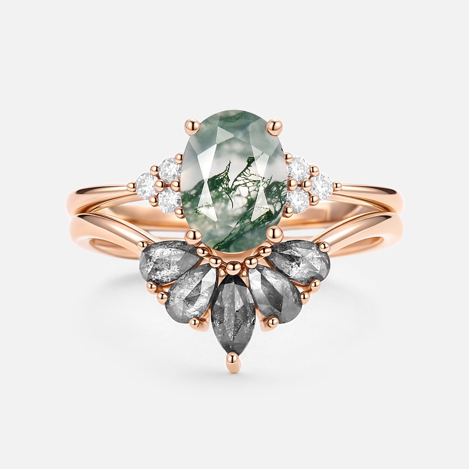 Terra Oval Cut Moss Agate & Salt and Pepper Diamond Ring Set 2pcs