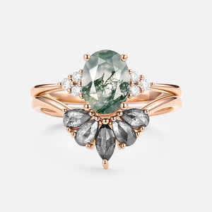 Terra Oval Cut Moss Agate & Salt and Pepper Diamond Ring Set 2pcs