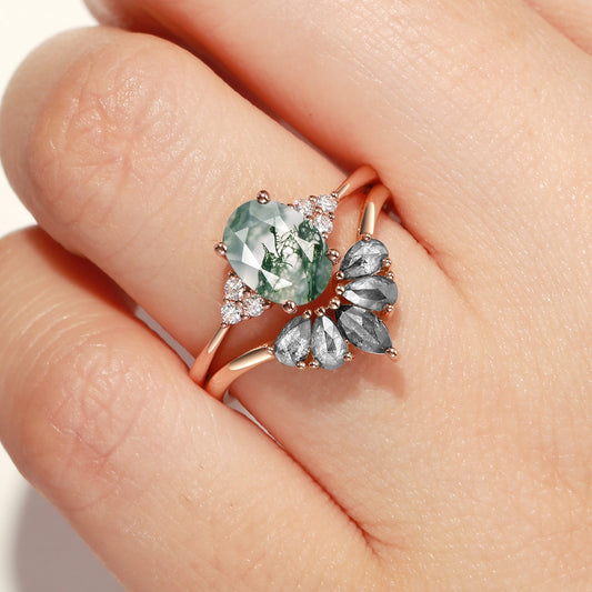 Terra Oval Cut Moss Agate & Salt and Pepper Diamond Ring Set 2pcs