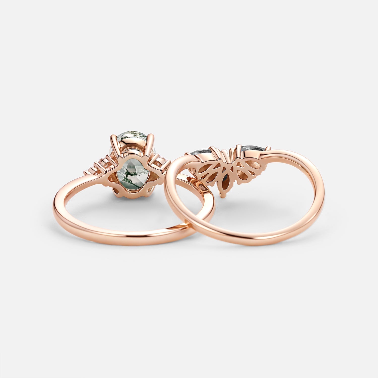 Terra Oval Cut Moss Agate & Salt and Pepper Diamond Ring Set 2pcs