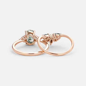 Terra Oval Cut Moss Agate & Salt and Pepper Diamond Ring Set 2pcs