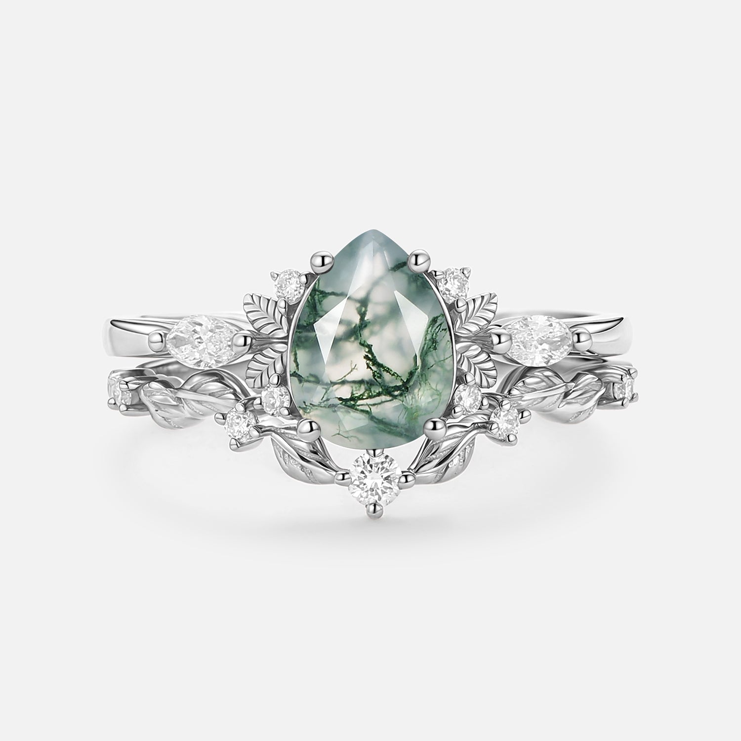 Nature Inspired - Pear Shaped Moss Agate Leafy Fairy Ring Set 2pcs - Susan