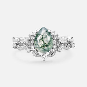 Nature Inspired - Pear Shaped Moss Agate Leafy Fairy Ring Set 2pcs - Susan