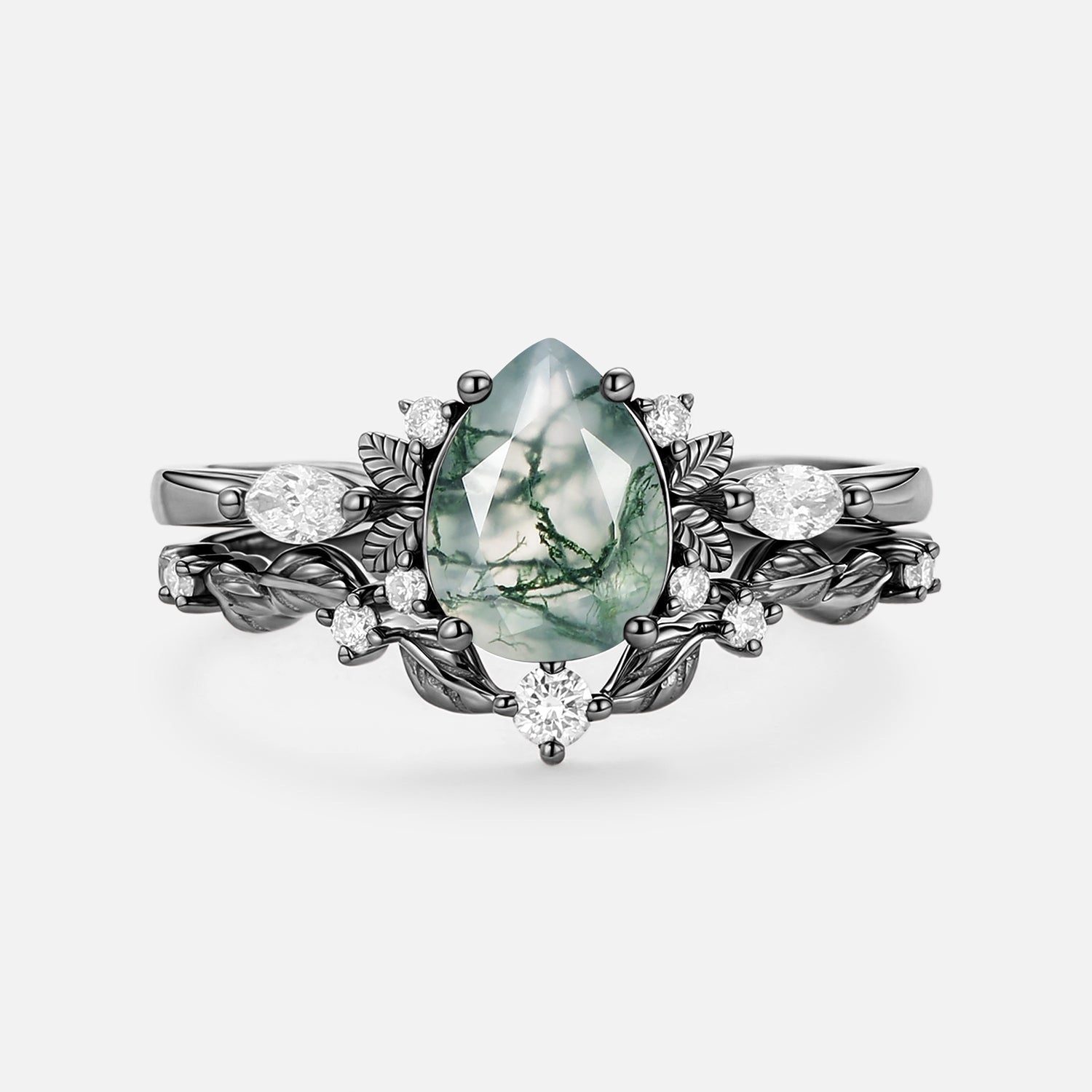 Nature Inspired - Pear Shaped Moss Agate Leafy Fairy Ring Set 2pcs - Susan
