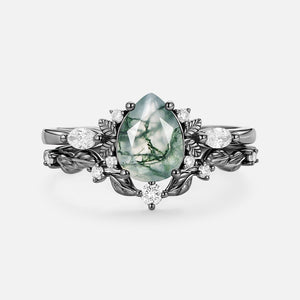 Nature Inspired - Pear Shaped Moss Agate Leafy Fairy Ring Set 2pcs - Susan
