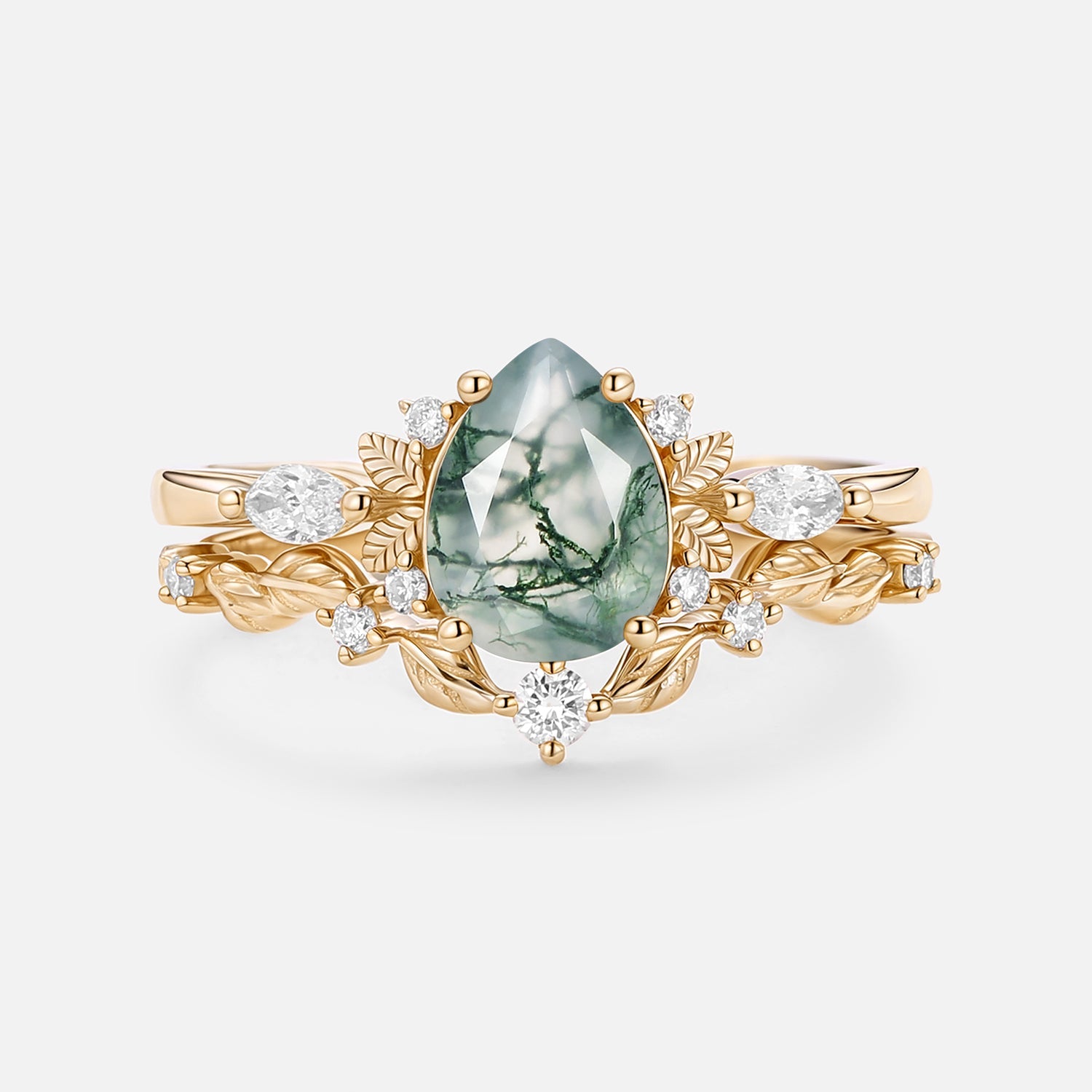 Nature Inspired - Pear Shaped Moss Agate Leafy Fairy Ring Set 2pcs - Susan