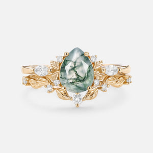 Nature Inspired - Pear Shaped Moss Agate Leafy Fairy Ring Set 2pcs - Susan