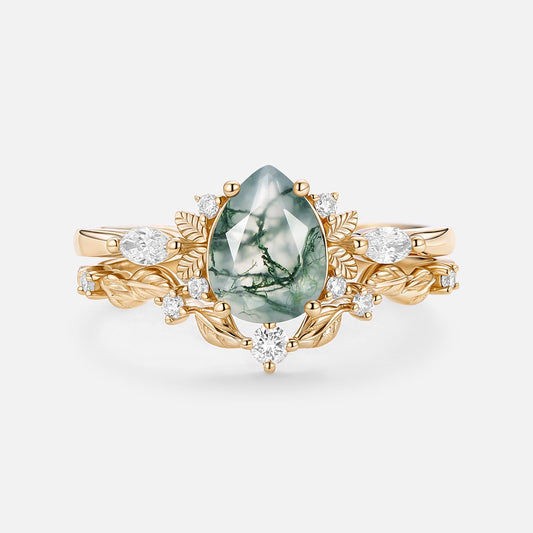 Susan Nature Inspired Pear Shaped Moss Agate Leafy Fairy Ring Set 2pcs