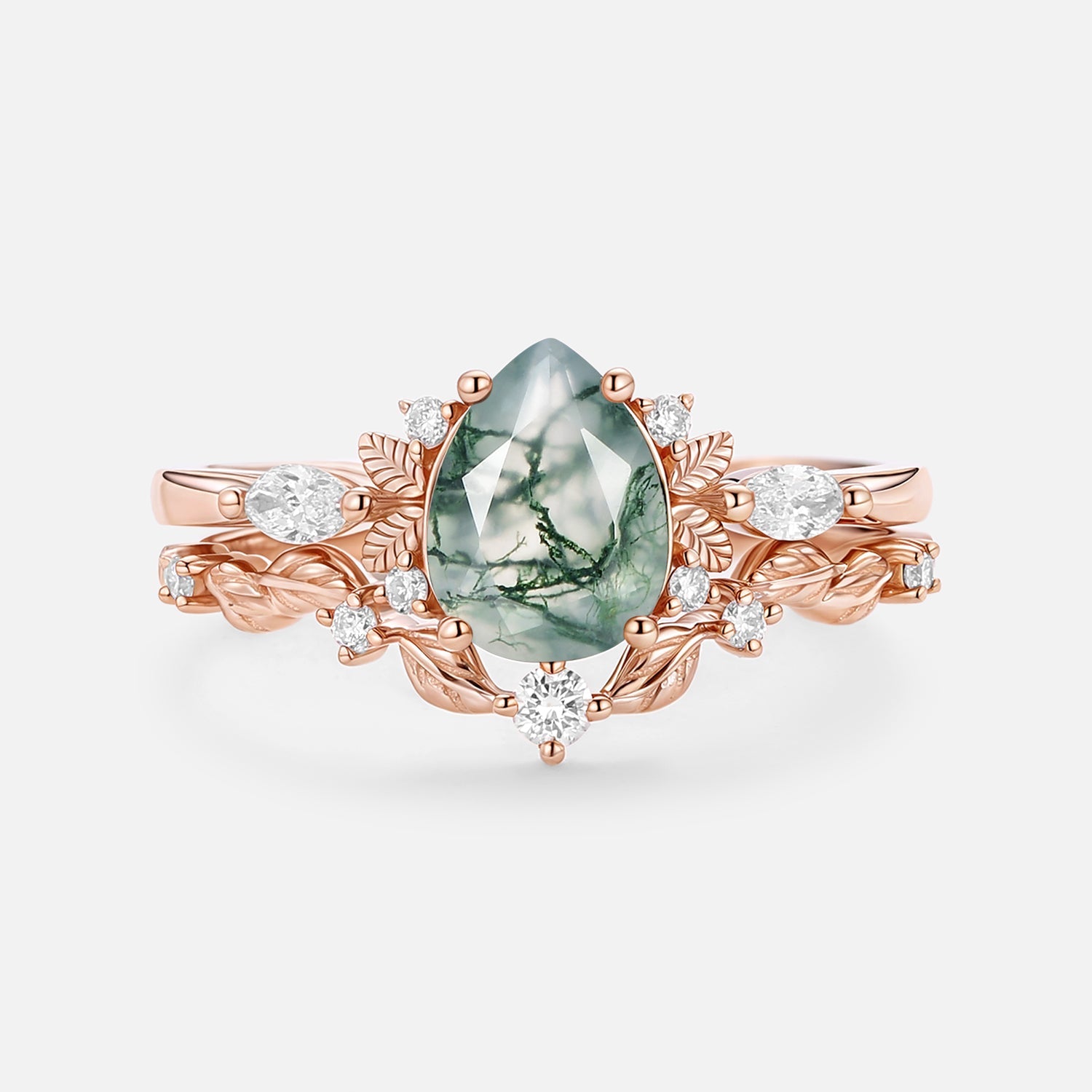 Nature Inspired - Pear Shaped Moss Agate Leafy Fairy Ring Set 2pcs - Susan