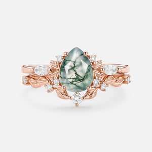 Nature Inspired - Pear Shaped Moss Agate Leafy Fairy Ring Set 2pcs - Susan