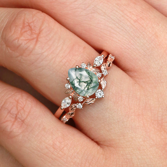 Nature Inspired - Pear Shaped Moss Agate Leafy Fairy Ring Set 2pcs - Susan