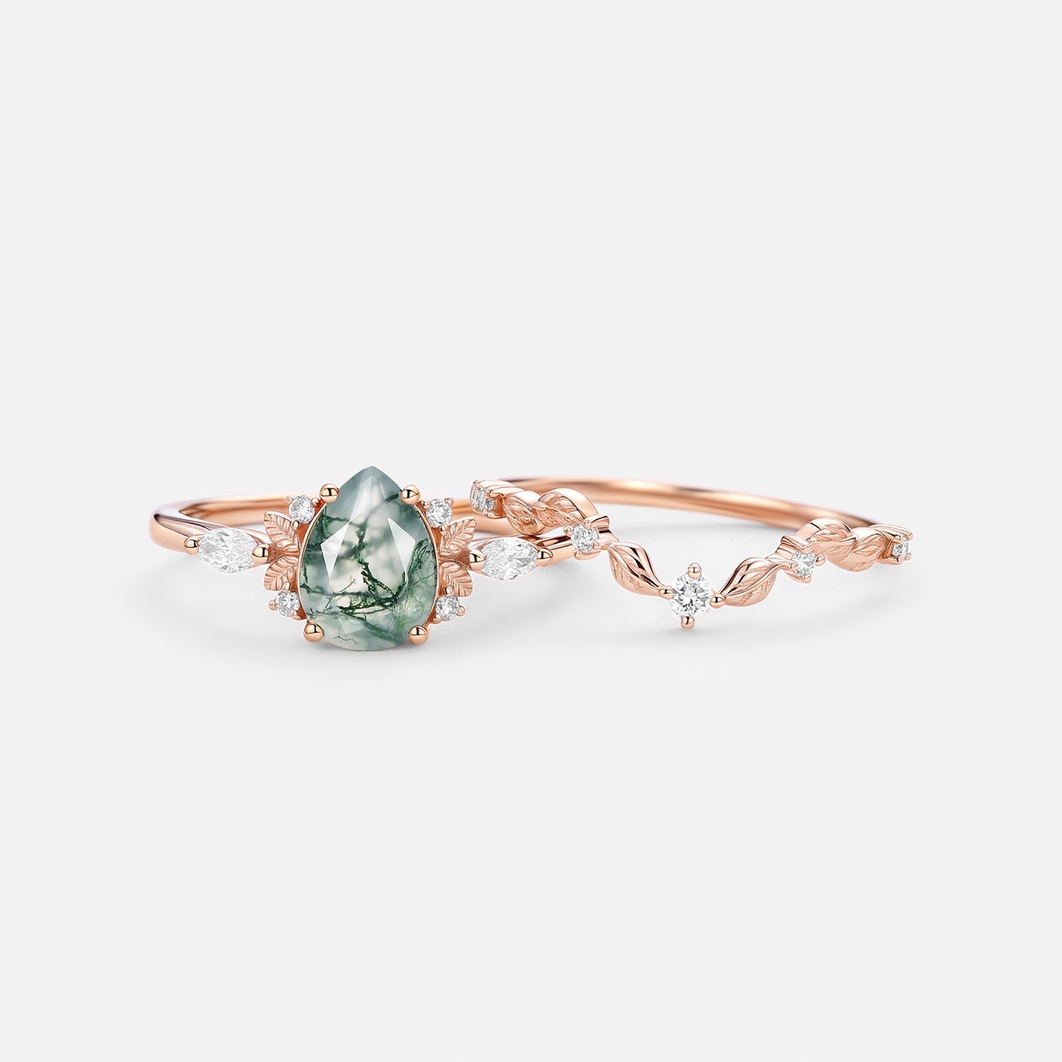 Nature Inspired - Pear Shaped Moss Agate Leafy Fairy Ring Set 2pcs - Susan
