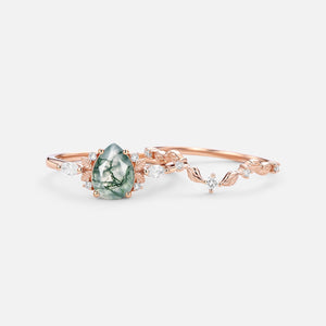 Nature Inspired - Pear Shaped Moss Agate Leafy Fairy Ring Set 2pcs - Susan