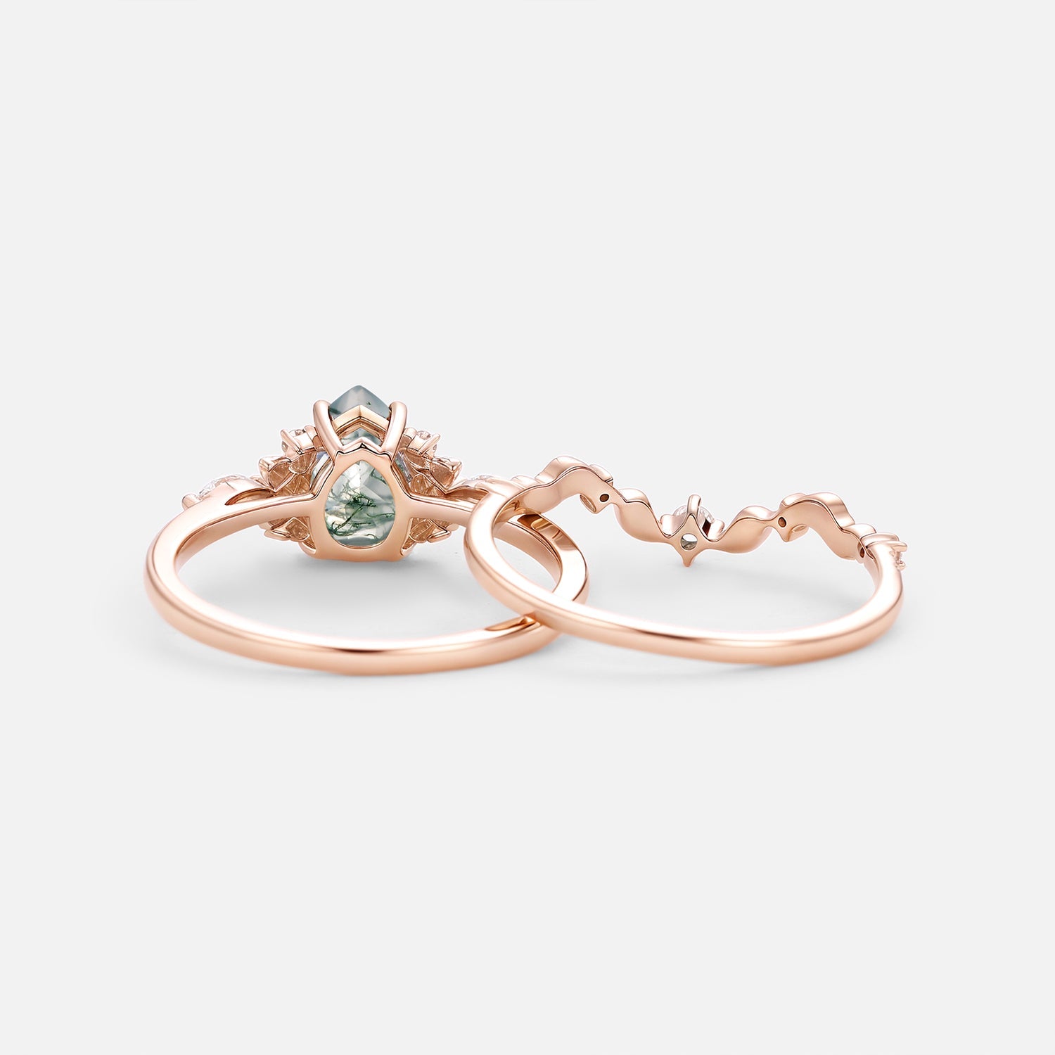 Nature Inspired - Pear Shaped Moss Agate Leafy Fairy Ring Set 2pcs - Susan