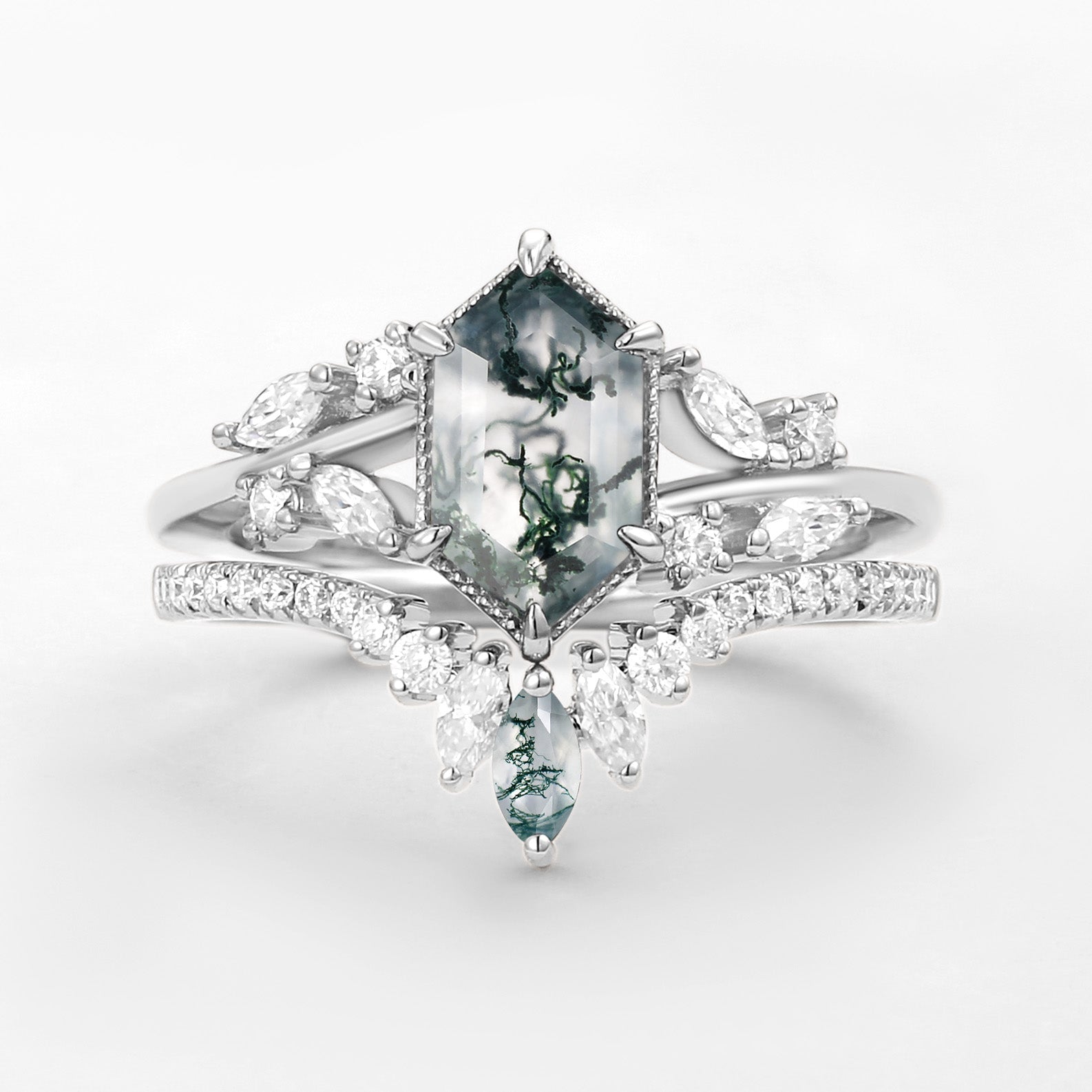 Hexagon Green Moss Agate Leafy Engagement Ring 2PCS - Pine