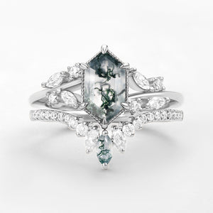 Hexagon Green Moss Agate Leafy Engagement Ring 2PCS - Pine