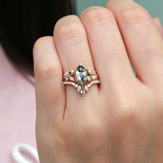 Hexagon Green Moss Agate Leafy Engagement Ring 2PCS - Pine