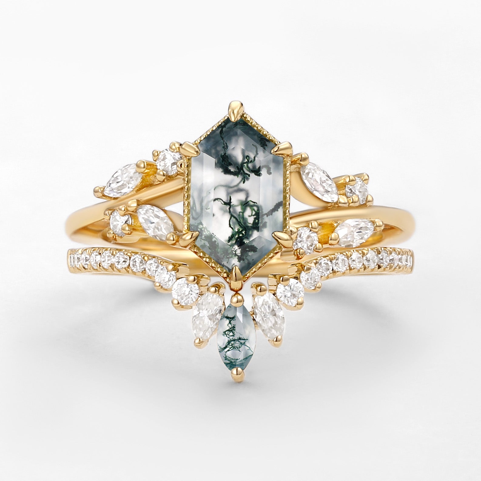Hexagon Green Moss Agate Leafy Engagement Ring 2PCS - Pine