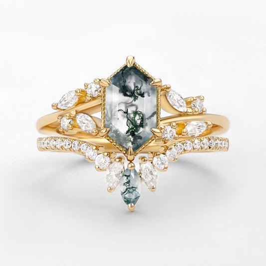 Hexagon Green Moss Agate Leafy Engagement Ring 2PCS - Pine
