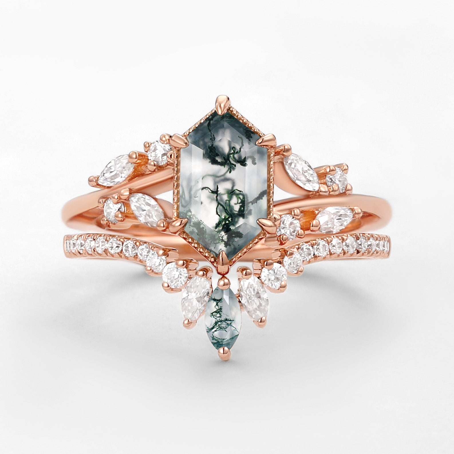 Hexagon Green Moss Agate Leafy Engagement Ring 2PCS - Pine