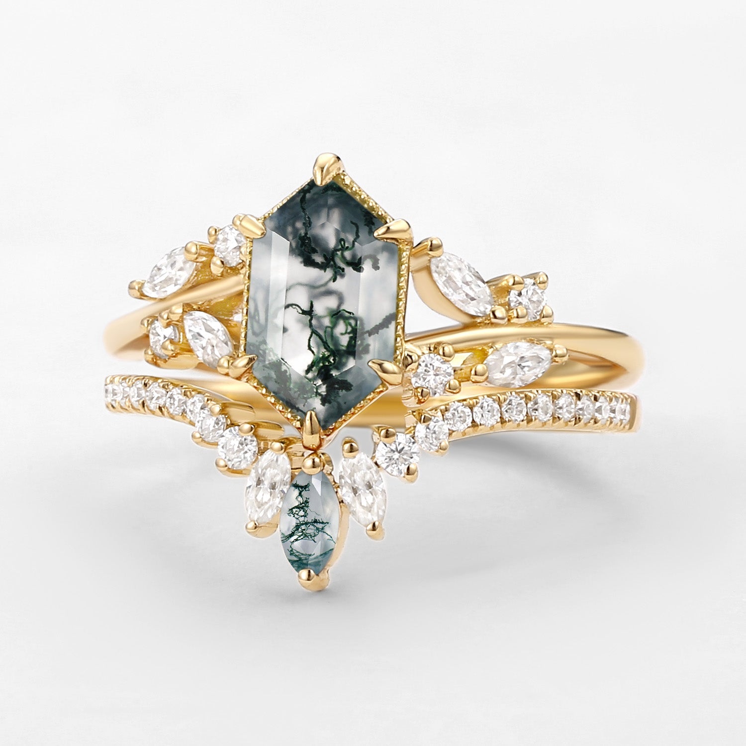 Hexagon Green Moss Agate Leafy Engagement Ring 2PCS - Pine