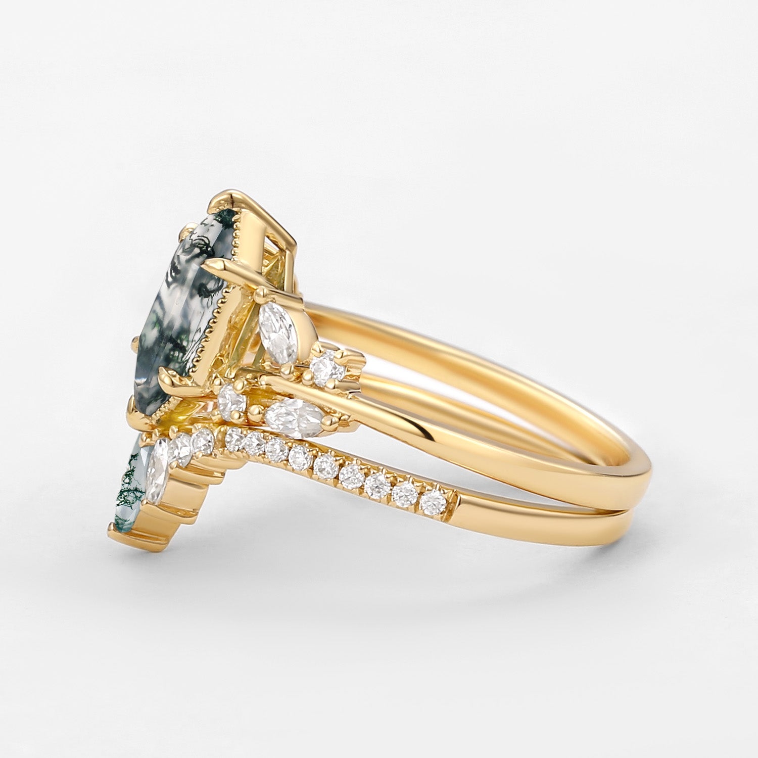 Hexagon Green Moss Agate Leafy Engagement Ring 2PCS - Pine