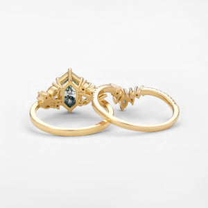 Hexagon Green Moss Agate Leafy Engagement Ring 2PCS - Pine