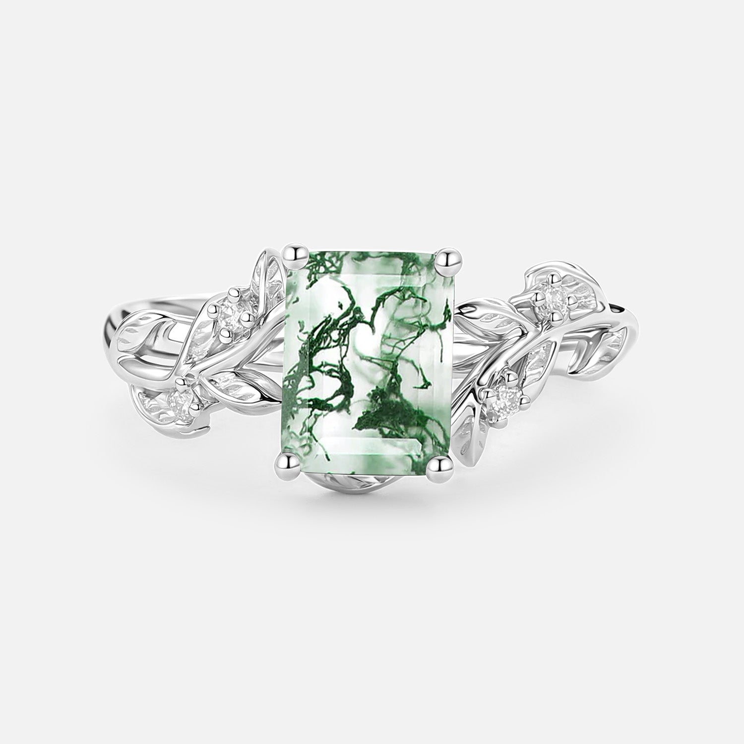 Sheryl Emerald Cut Moss Agate Leafy Engagement Ring