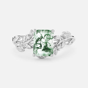 Sheryl Emerald Cut Moss Agate Leafy Engagement Ring