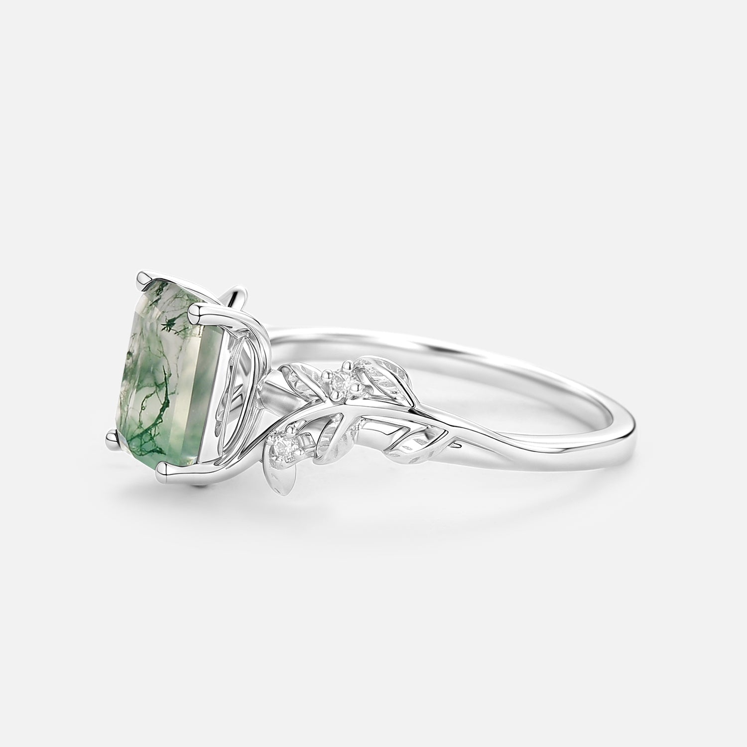 Sheryl Emerald Cut Moss Agate Leafy Engagement Ring