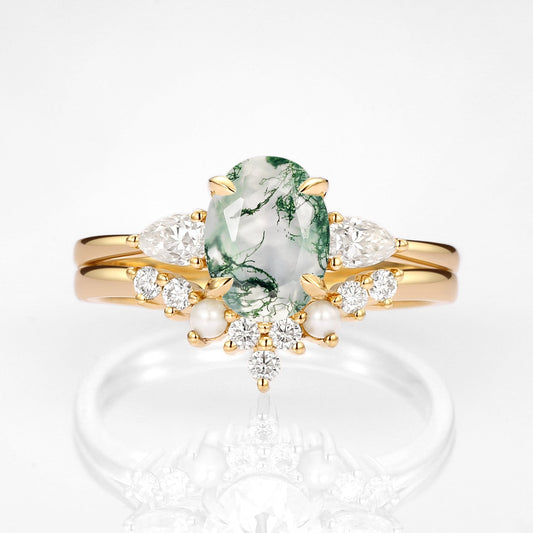 Oval Cut Moss Agate Vintage Gold Ring Set 2pcs - Nancy