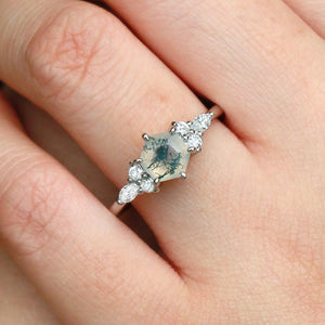1.0ct Hexagon Moss Agate Cluster Engagement Ring