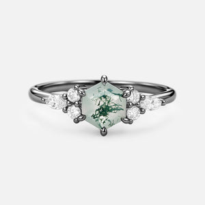 1.0ct Hexagon Moss Agate Cluster Engagement Ring