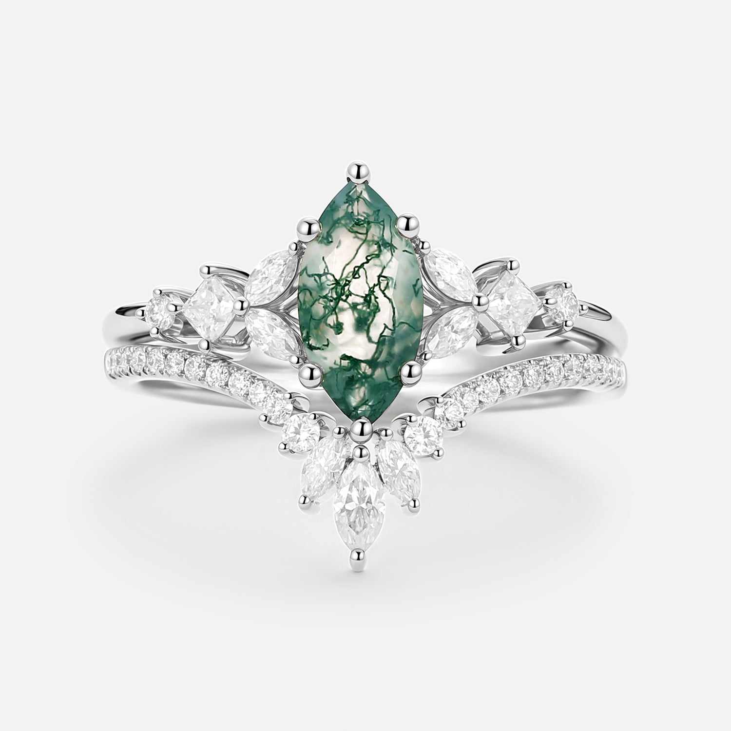 Marquise Cut Moss Agate Cluster Engagement Ring Set 2pcs - Lumenis