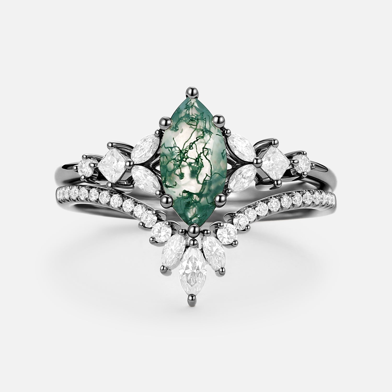 Marquise Cut Moss Agate Cluster Engagement Ring Set 2pcs - Lumenis