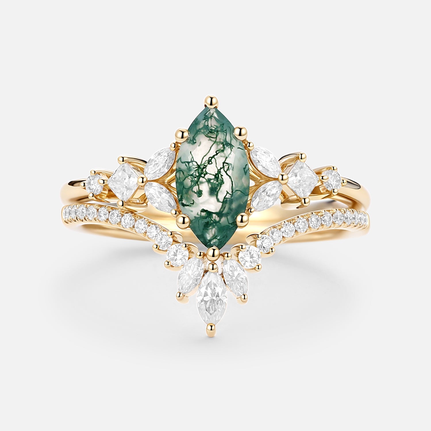 Marquise Cut Moss Agate Cluster Engagement Ring Set 2pcs - Lumenis
