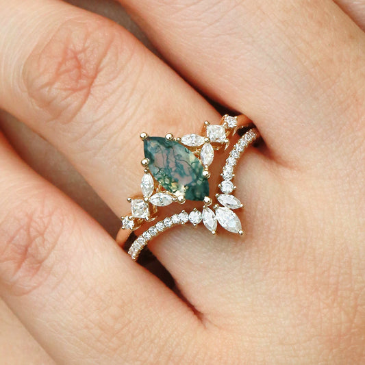 Marquise Cut Moss Agate Cluster Engagement Ring Set 2pcs - Lumenis