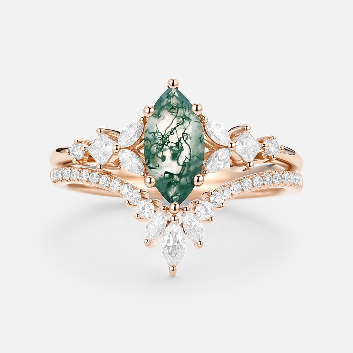 Marquise Cut Moss Agate Cluster Engagement Ring Set 2pcs - Lumenis