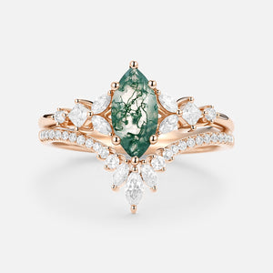 Marquise Cut Moss Agate Cluster Engagement Ring Set 2pcs - Lumenis