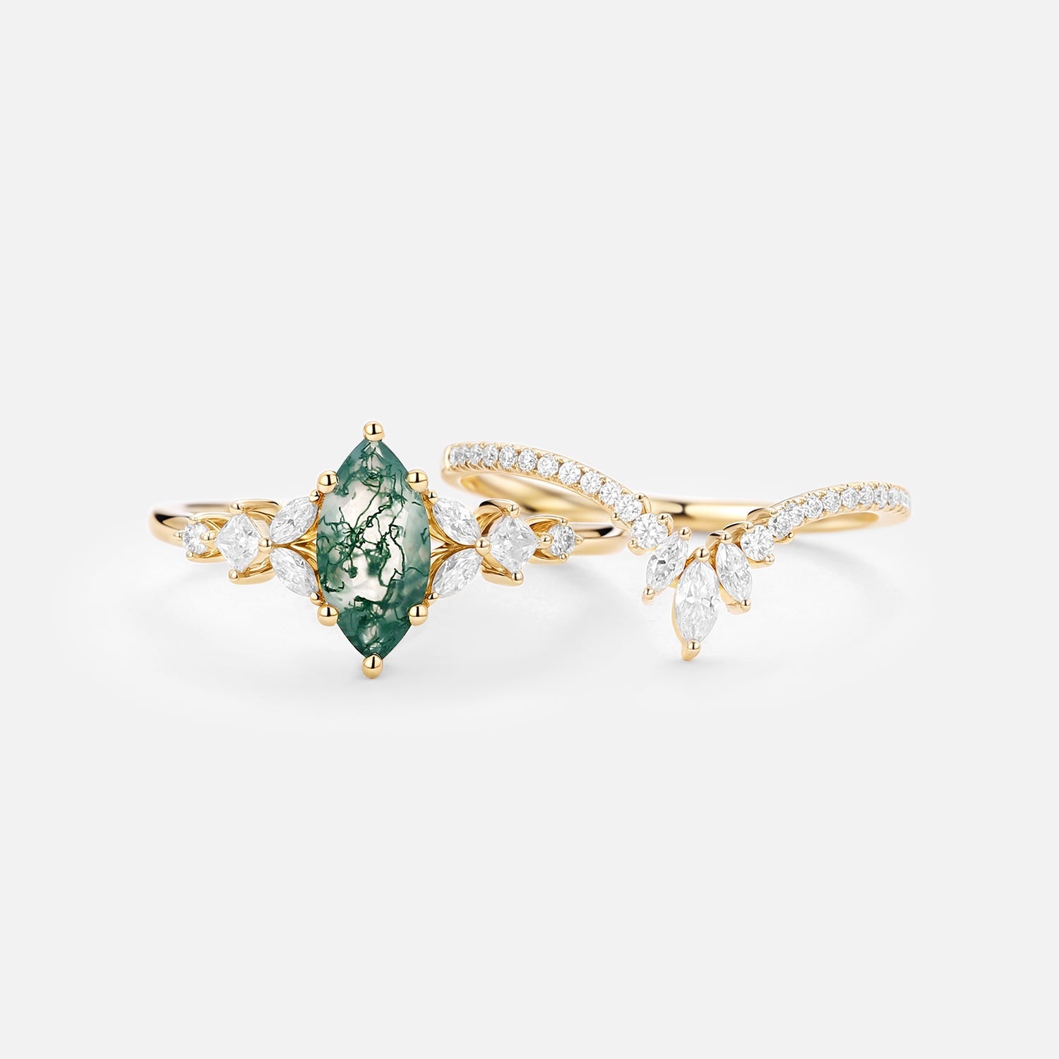 Marquise Cut Moss Agate Cluster Engagement Ring Set 2pcs - Lumenis