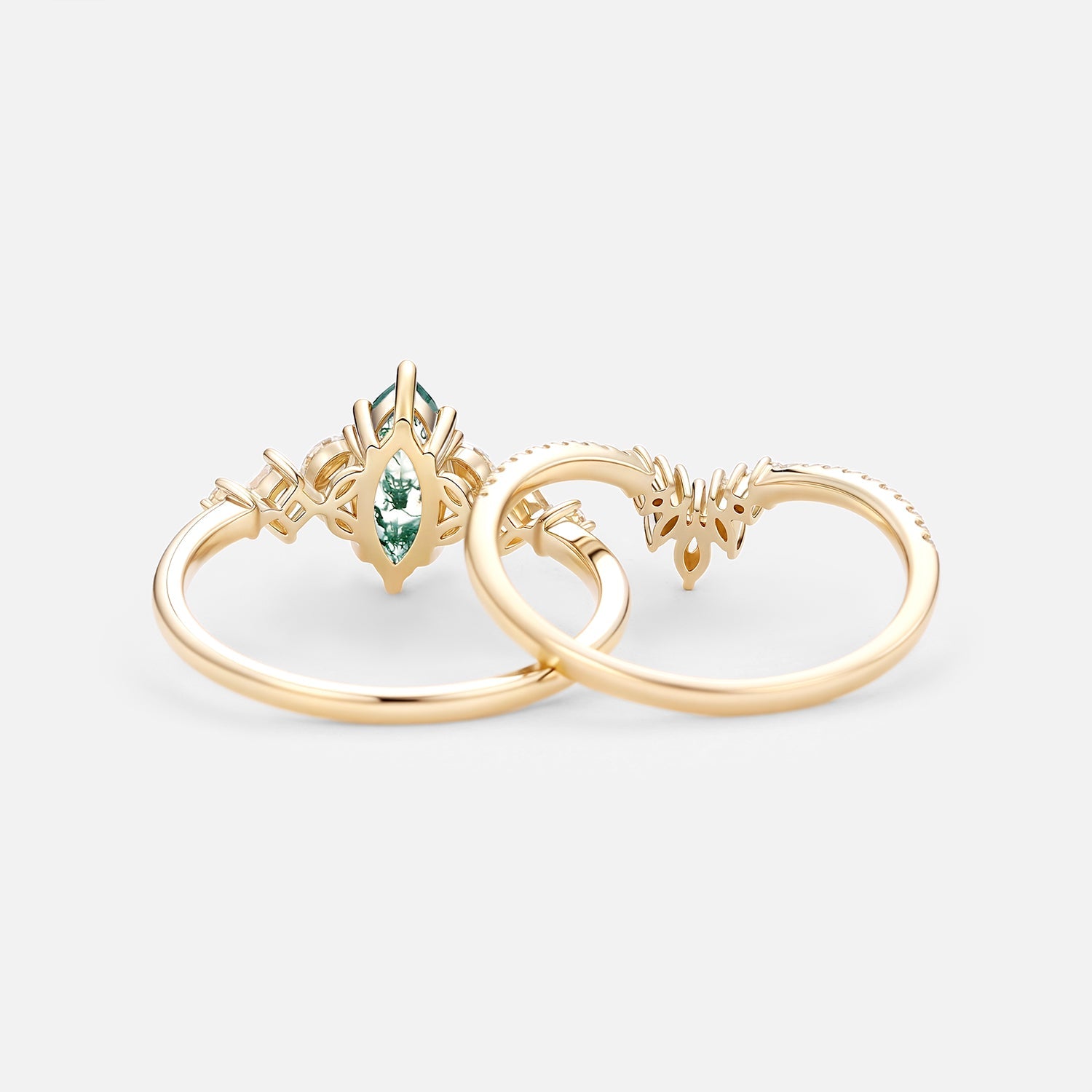 Marquise Cut Moss Agate Cluster Engagement Ring Set 2pcs - Lumenis