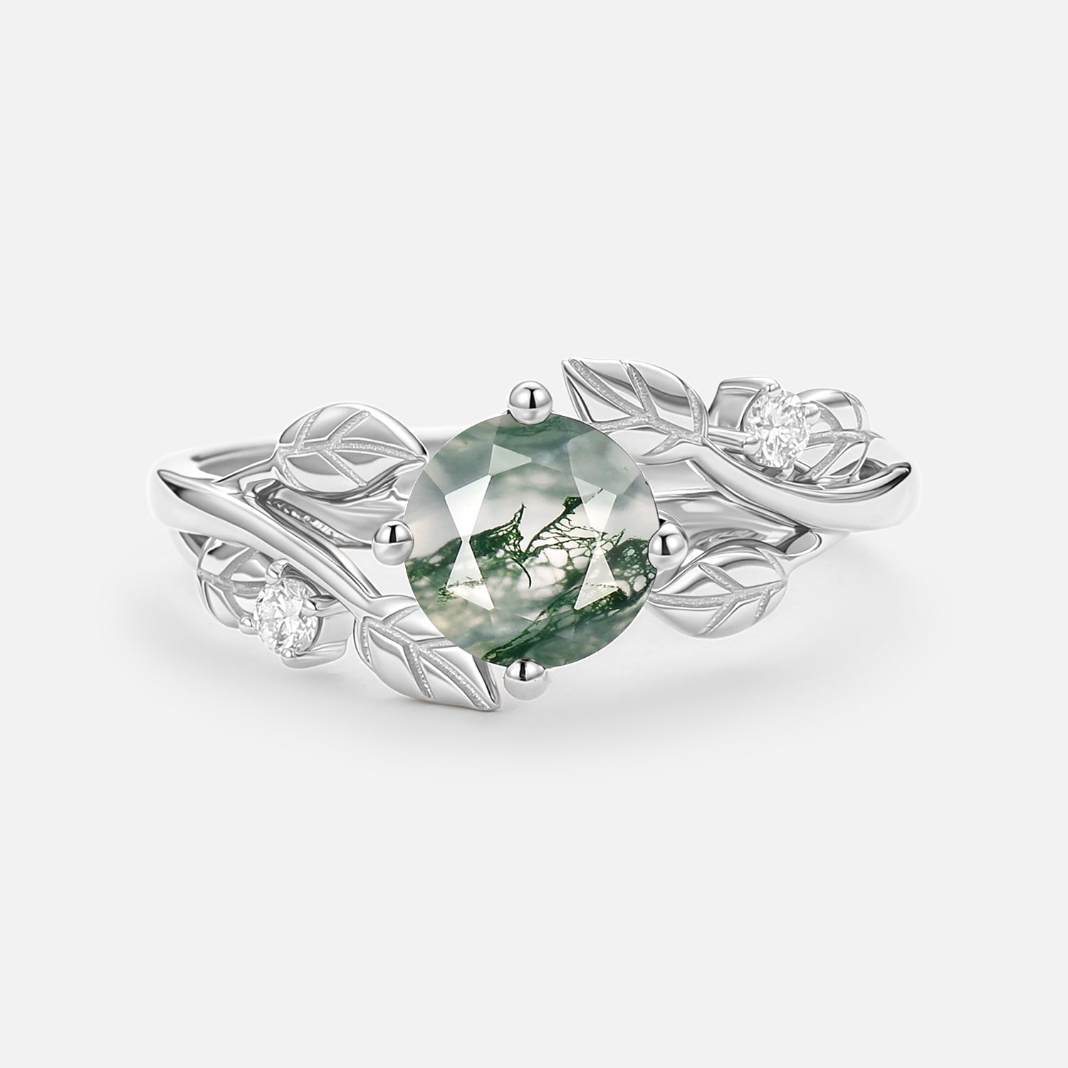 Round Shaped Leaf Moss Agate Engagement Ring - Gardenia