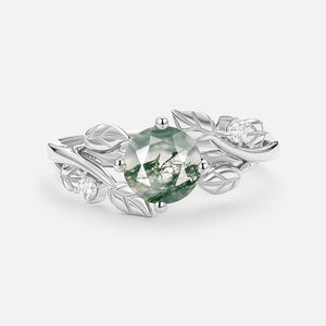 Round Shaped Leaf Moss Agate Engagement Ring - Gardenia