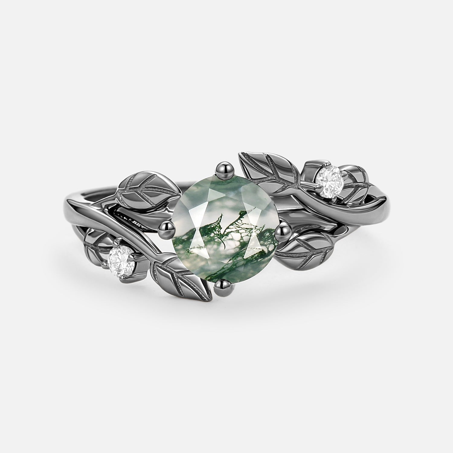 Round Shaped Leaf Moss Agate Engagement Ring - Gardenia