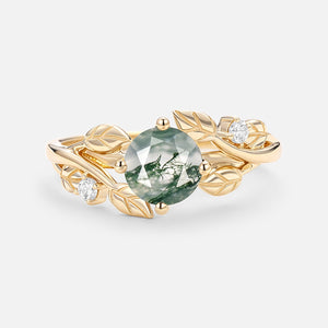 Round Shaped Leaf Moss Agate Engagement Ring - Gardenia