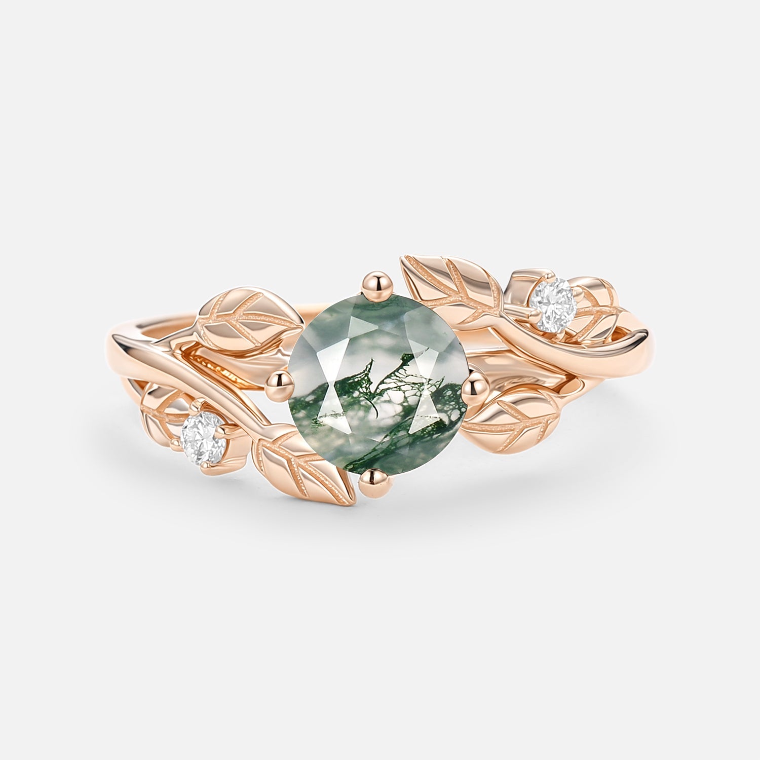 Round Shaped Leaf Moss Agate Engagement Ring - Gardenia