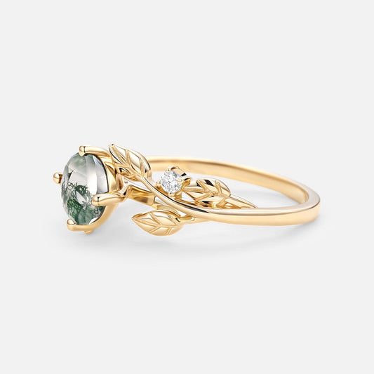 Round Shaped Leaf Moss Agate Engagement Ring - Gardenia