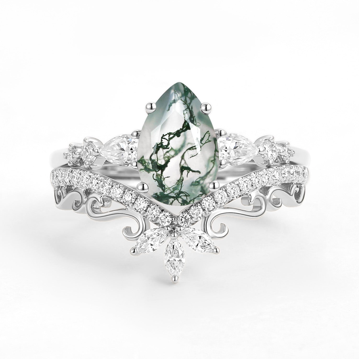 Signature Vintage Pear Moss Agate Staccato Ring Set 2pcs
